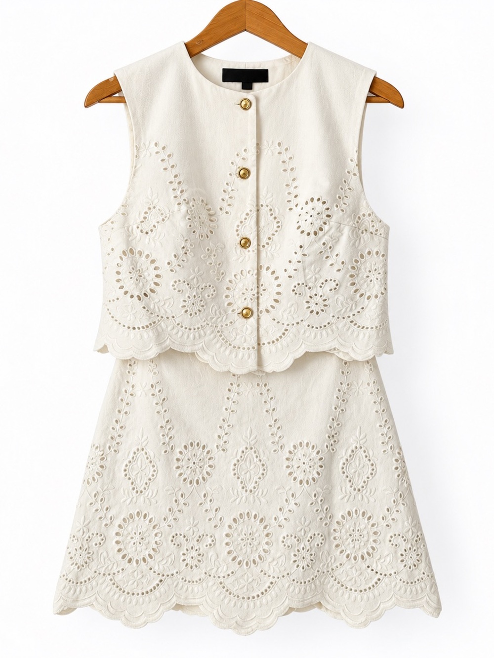 ZARA Women’s Ivory Eyelet Embroidered 2-Piece Top & Skirt Set Gold Buttons